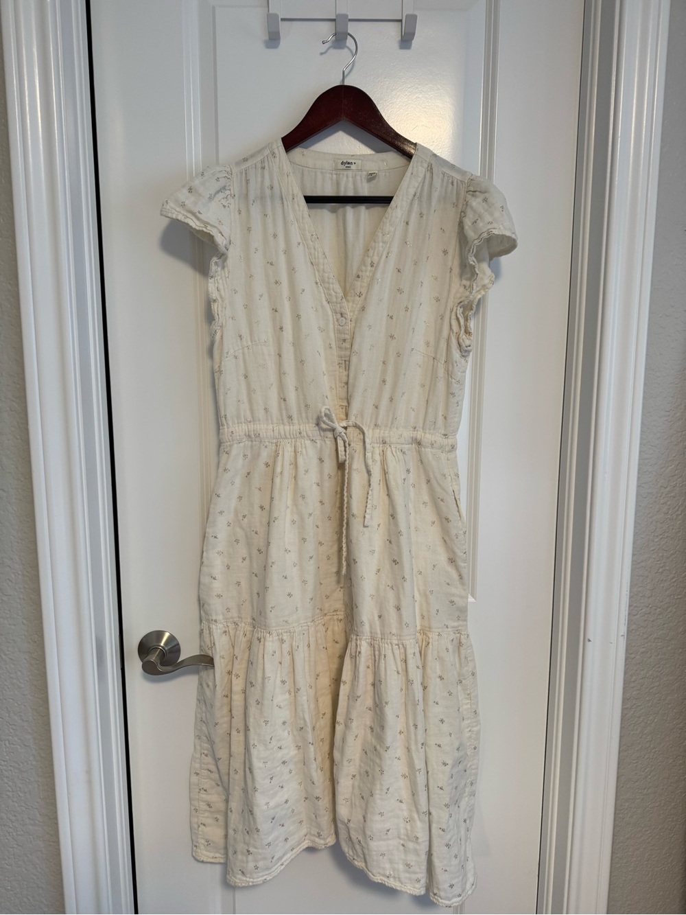 dylan Cream Drawstring Tiered Midi Dress with Cap Sleeves